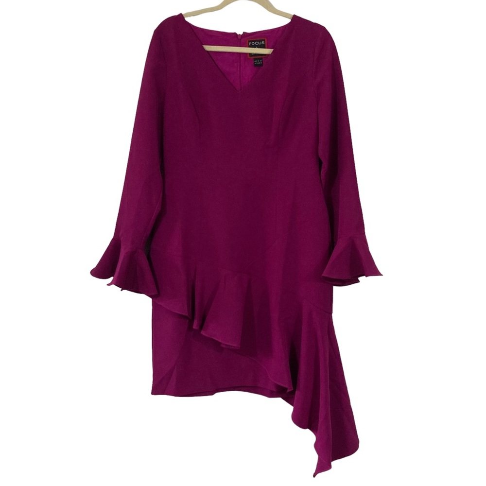 FOCUS BY SHANI V-NECK DRESS WITH ASYMMETRIC FLOUNCE HEM, SIZE 8 - Picture 2 of 5